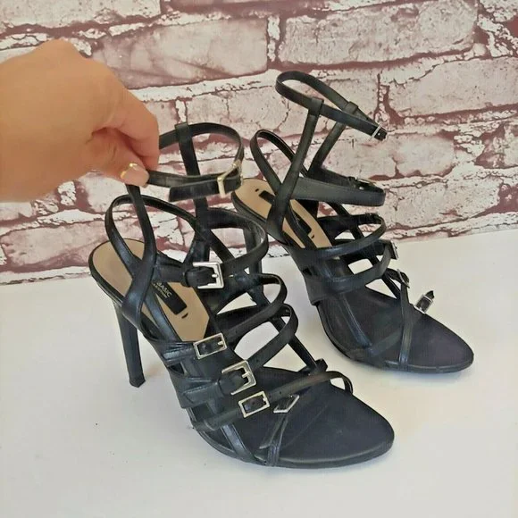 Zara Black Leather Strappy Sandals Stiletto Size 37 - Picture 3 of 6